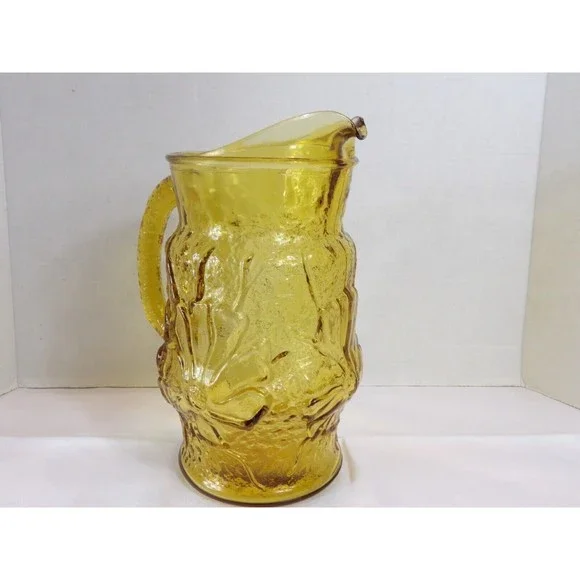 Vtg MCM Anchor Hocking Rain Flower Amber Glass Crinkle Pitcher Retro 10” 72 Oz - Picture 6 of 8